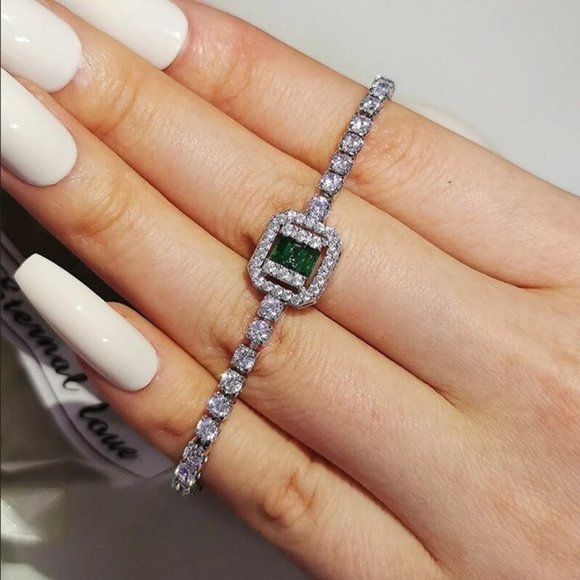 925 Silver 1ct Green Emerald 2ct Diamond Tennis Bracelet Princess Cut Jewelry ct - Picture 1 of 11